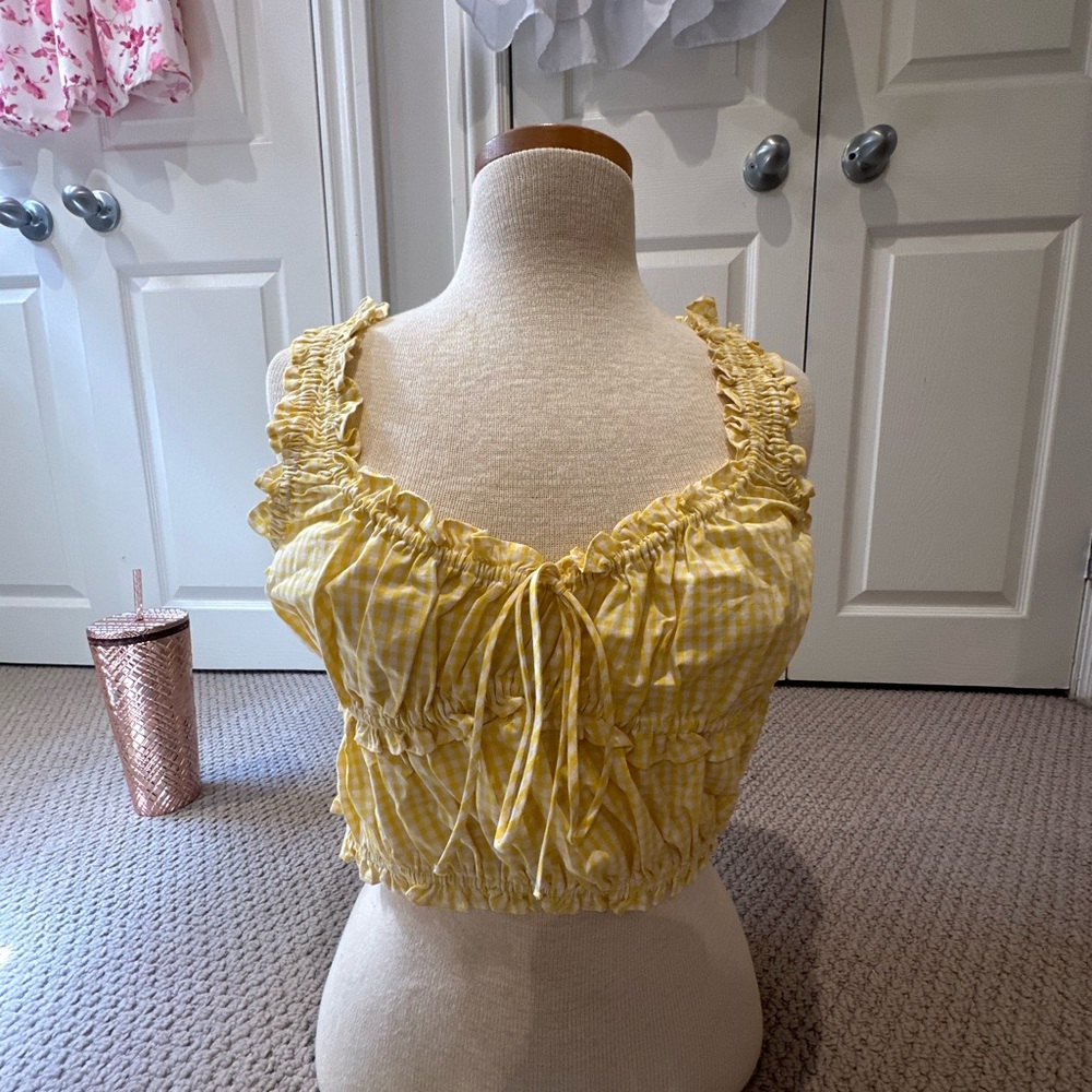 Zara Yellow Checkered Ruffle Blouse
